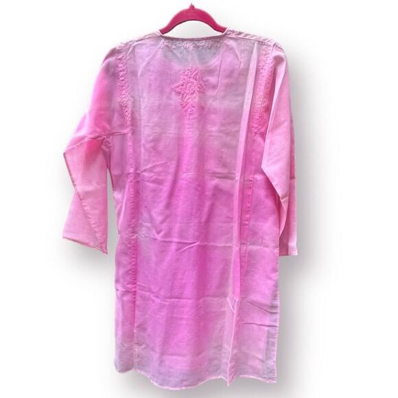 PINK TIE DYE SEMI SHEER COTTON CAFTAN COVERUP EMBROIDERED LONG KURTA TOP L/XL - Picture 3 of 15